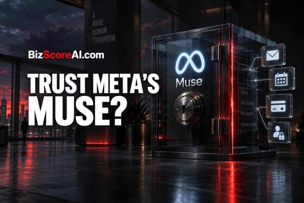 Glowing Meta infinity logo and secure vault guarding the Muse AI agent
