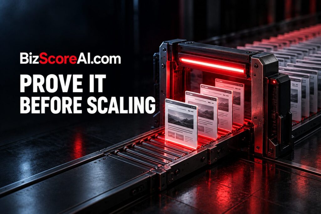 Programmatic SEO template pages scanned by a red-lit industrial machine