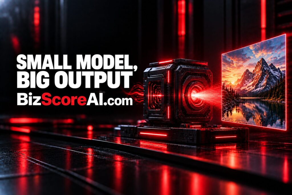 Compact hardware module projecting a vivid mountain landscape rendered by Qwen-Image-2.1