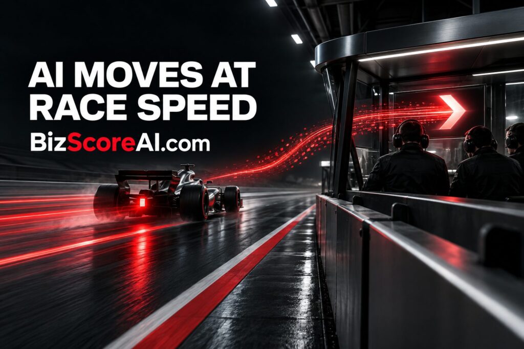 Formula 1 pit crew analysing real-time AI data streaming from a speeding race car