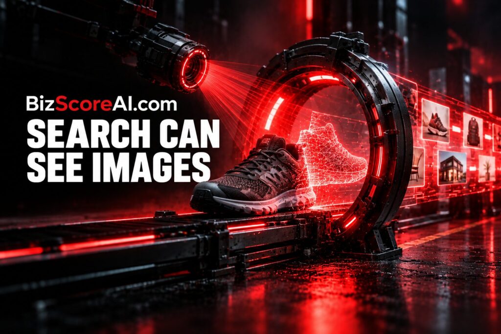 Search Console multimodal scan visualises a running shoe through a glowing red scanner