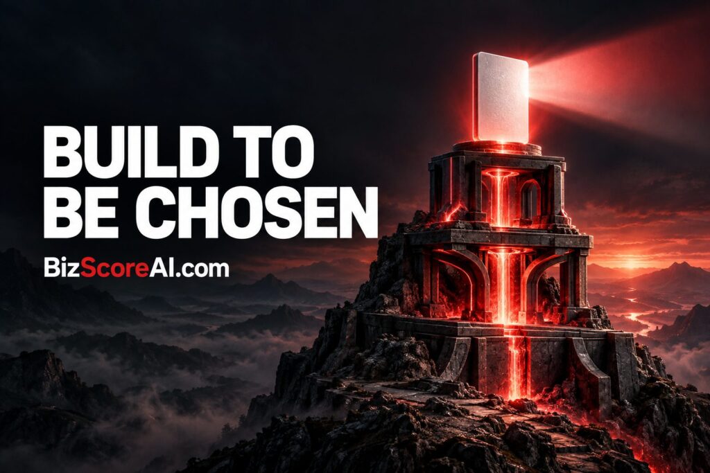 SEO best practices symbolised by a glowing monolith atop a mountain fortress