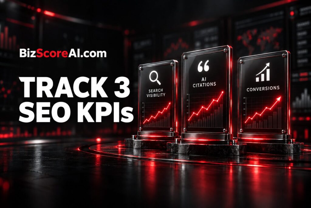 Three glowing red charts displaying rising SEO KPIs across search visibility, AI citations,