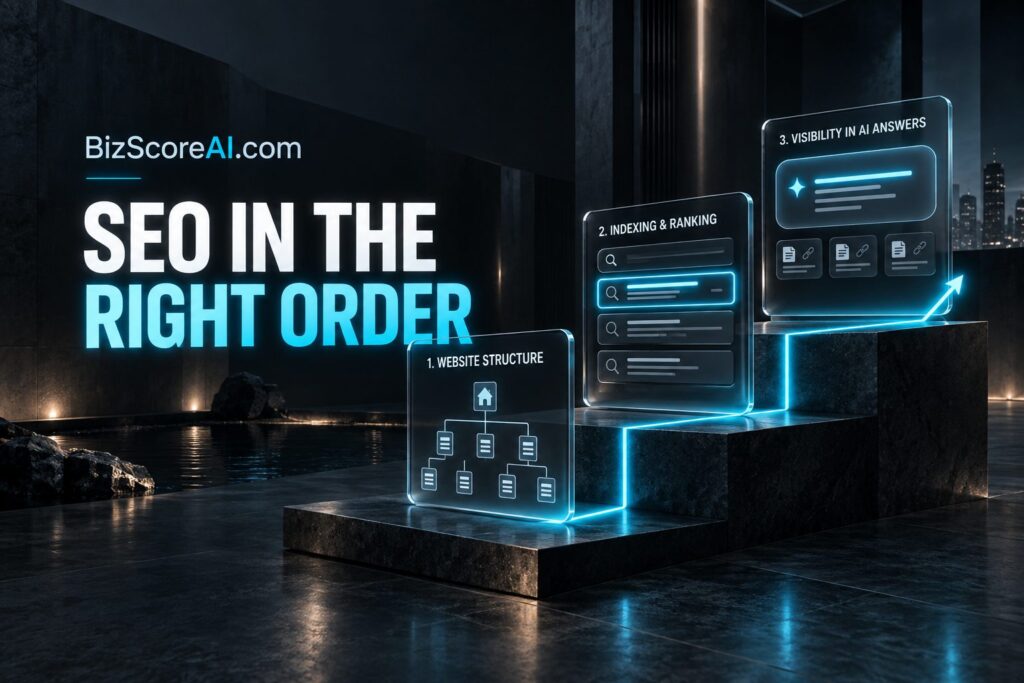 SEO for a new website shown as ascending glowing steps with structure and indexing