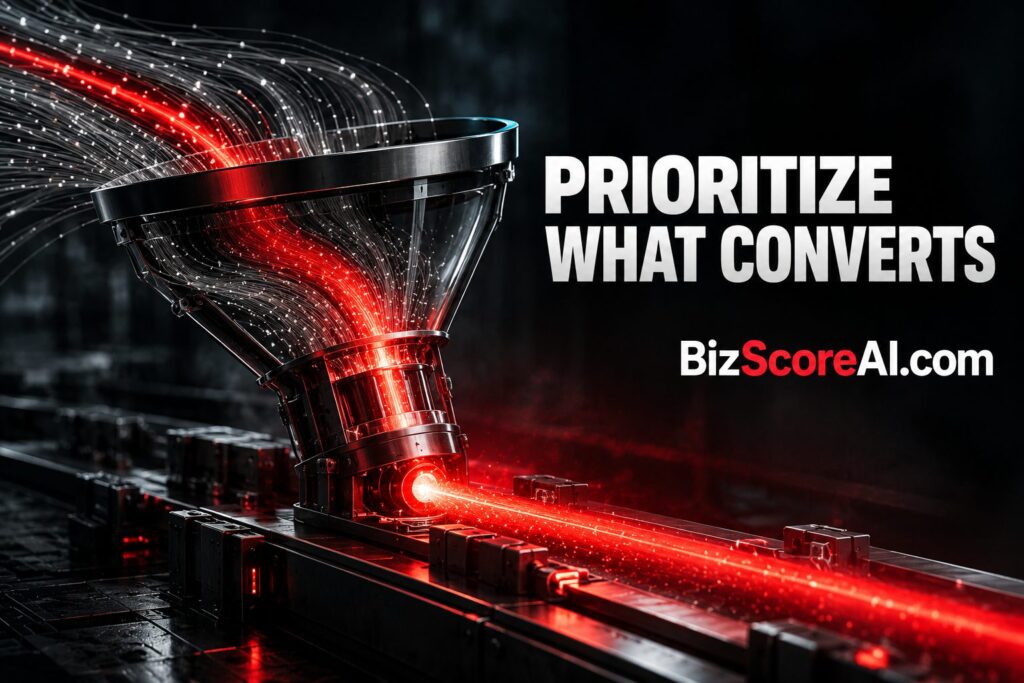 Glowing data funnel illustrating SEO priorities driving organic conversion