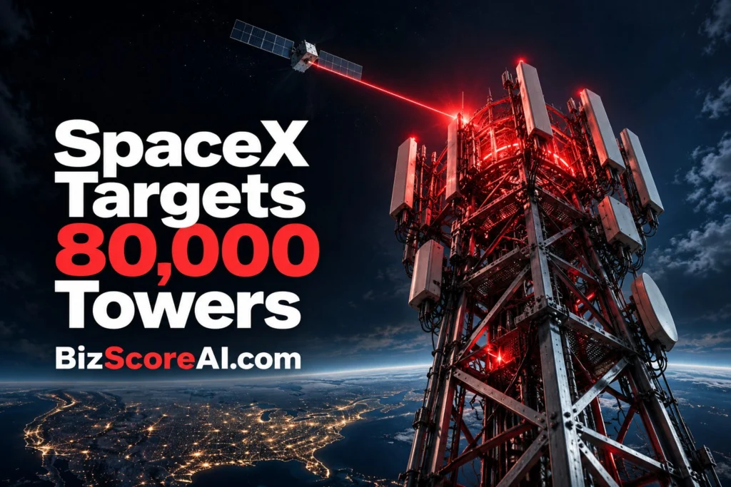 SpaceX cell sites linked by satellite above illuminated cellular tower