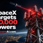 SpaceX cell sites linked by satellite above illuminated cellular tower