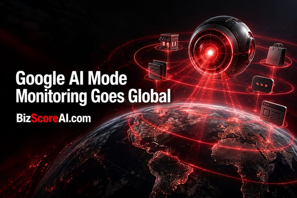 Glowing AI lens scanning the globe for AI Mode monitoring coverage