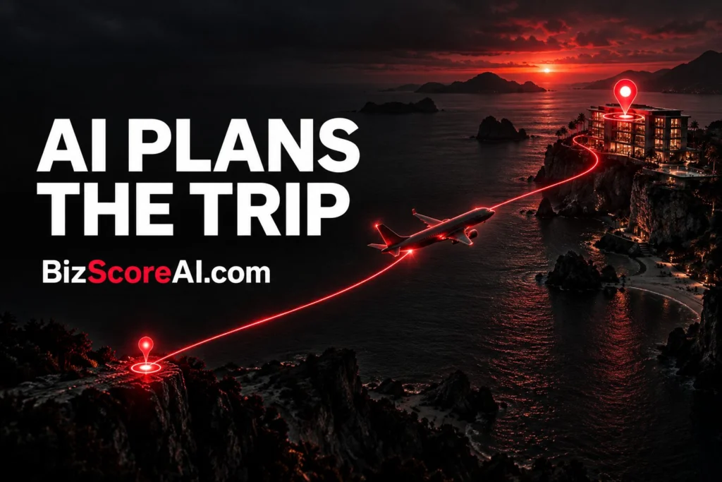 Airplane tracing a glowing red route between coastal destinations illustrating AI Mode trip planning
