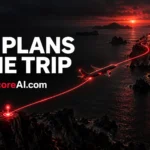 Airplane tracing a glowing red route between coastal destinations illustrating AI Mode trip planning