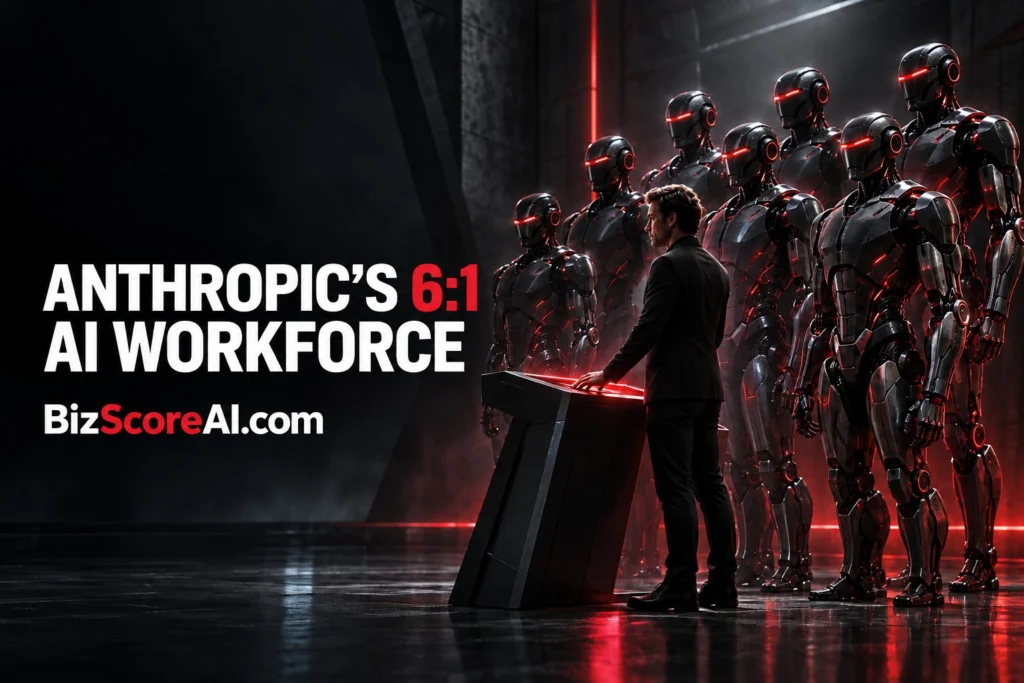 AI impact on jobs shown as a man facing a line of humanoid robots