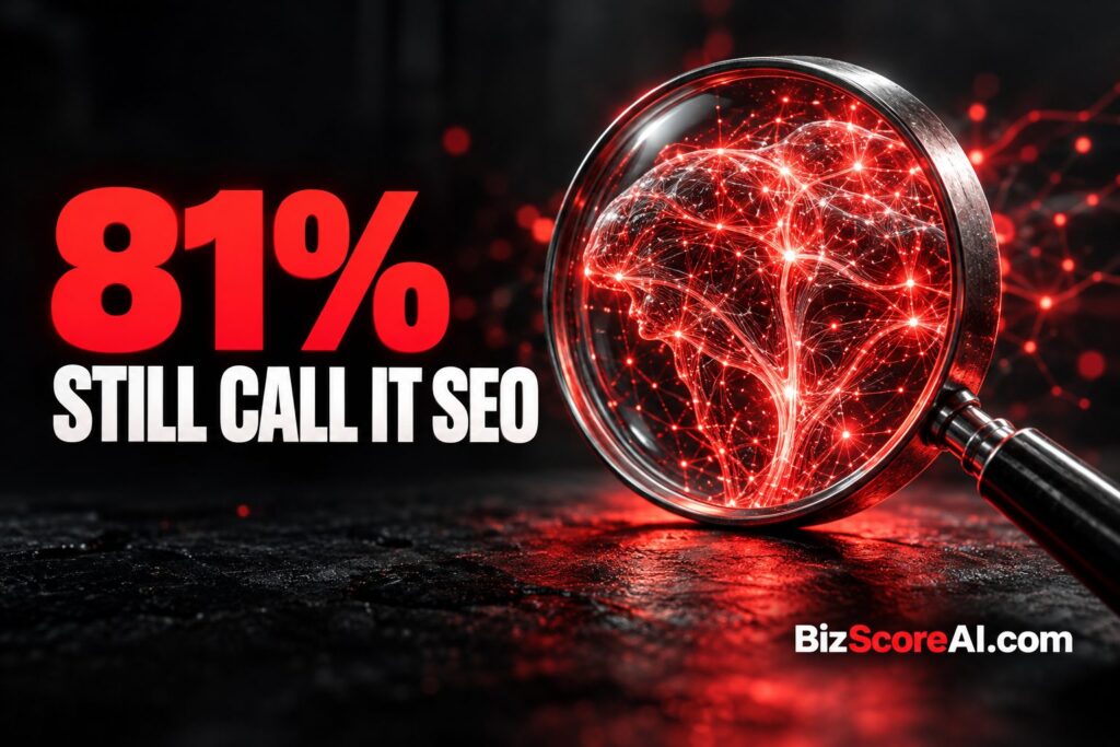 AI search optimization visualized through a glowing red neural brain under a magnifying glass
