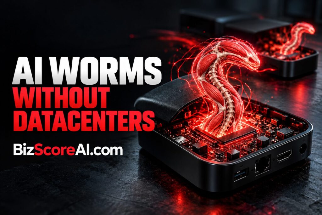 Glowing red AI self replicate worm rising from an exposed IoT device circuit