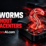 Glowing red AI self replicate worm rising from an exposed IoT device circuit