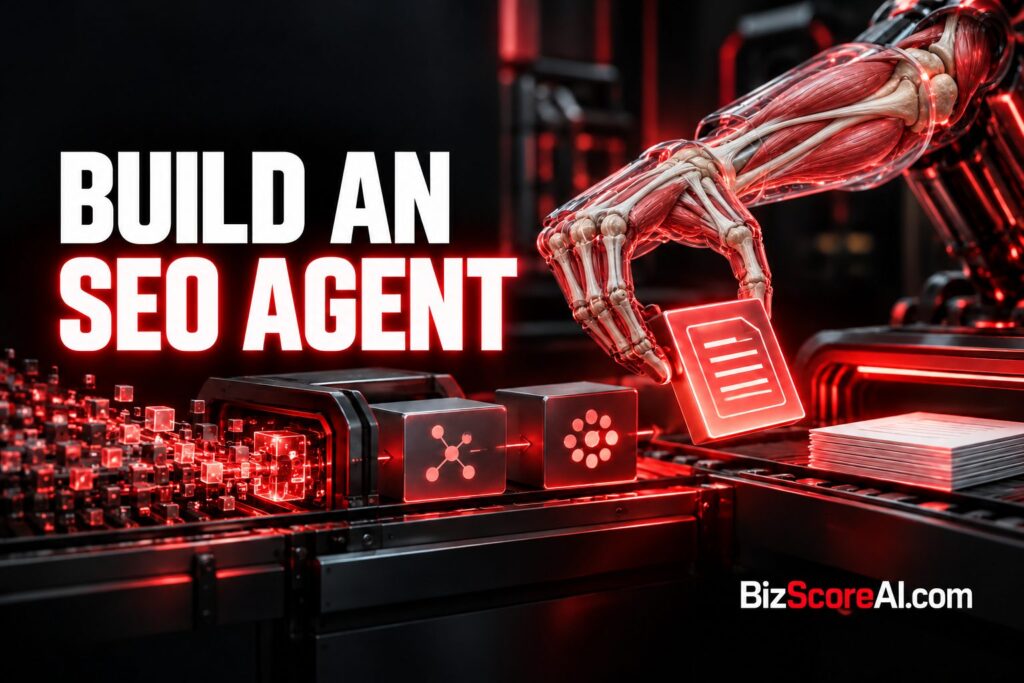 Robotic skeletal hand assembling an AI SEO agent on a glowing red production line