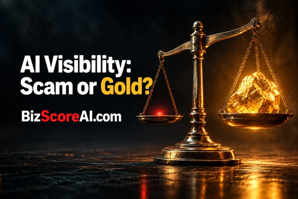 AI visibility weighed against golden ore on a brass scale