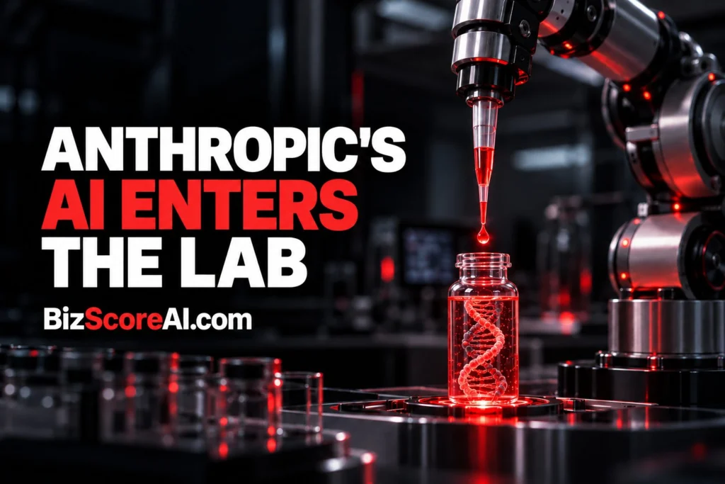 Anthropic wet lab robotic arm dispensing red fluid into a DNA vial