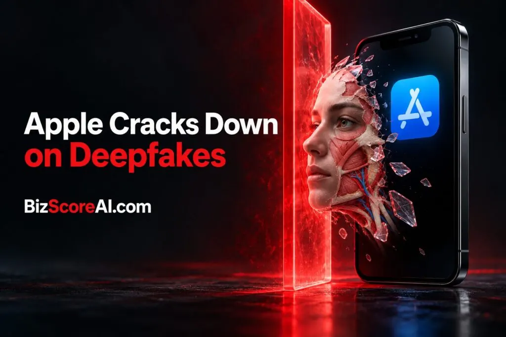 Person shattering through a glass barrier beside a phone, illustrating app store deepfake rules