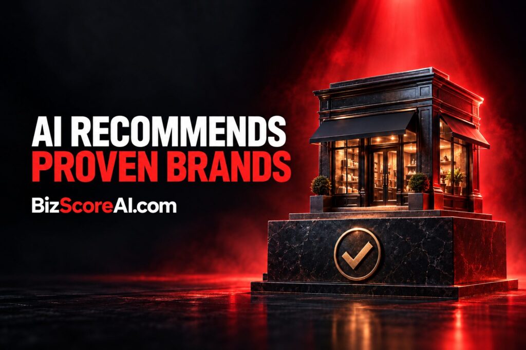 Storefront on a pedestal with checkmark symbolising brand authority for AI search