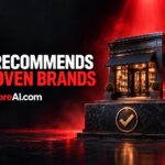 Storefront on a pedestal with checkmark symbolising brand authority for AI search