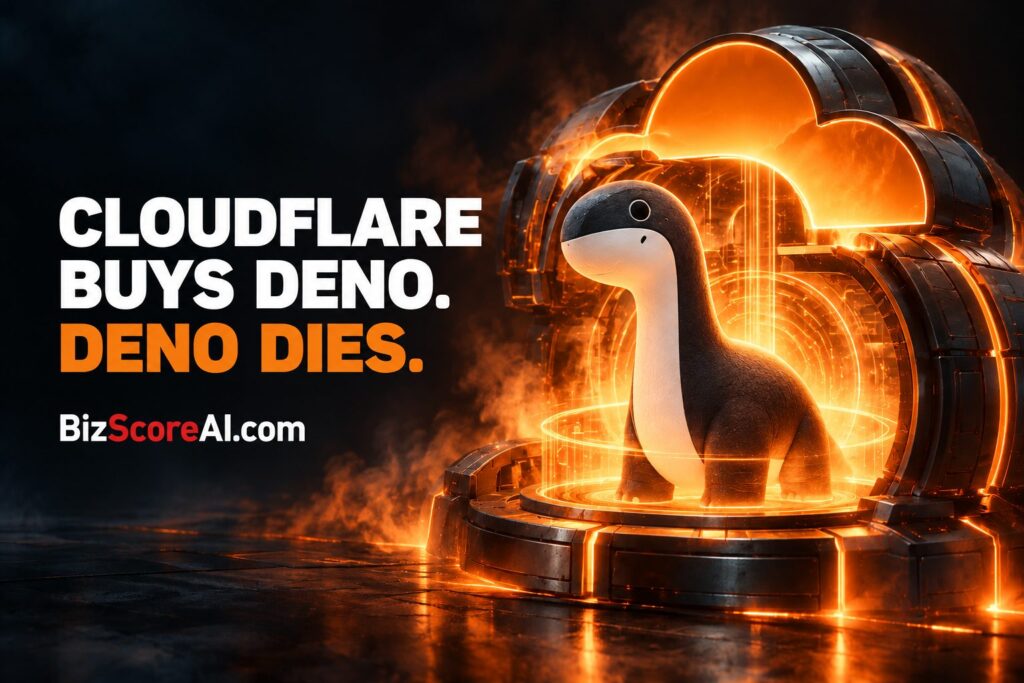Cloudflare acquires Deno mascot standing inside a glowing orange portal