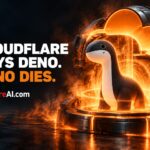 Cloudflare acquires Deno mascot standing inside a glowing orange portal