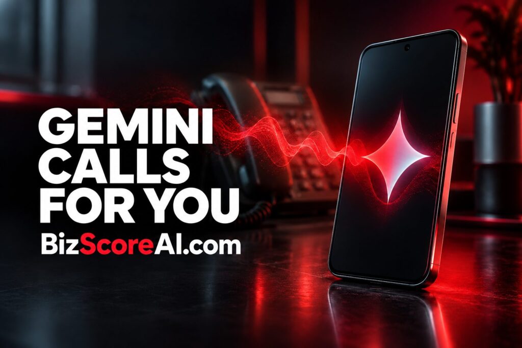 Gemini phone calls feature displayed on a Pixel smartphone beside a desk phone