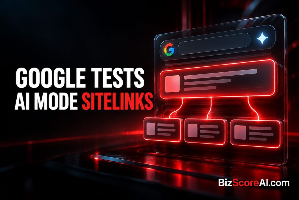 Google Ads sitelinks layout displayed within a glowing AI Mode Search interface