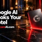 Google AI Mode tablet glowing on a hotel lobby counter