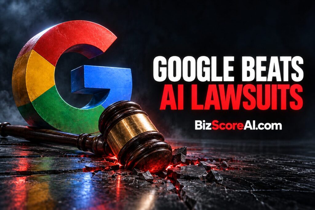 Judge's gavel striking beside a Google logo representing a Google AI Overviews lawsuit dismissal