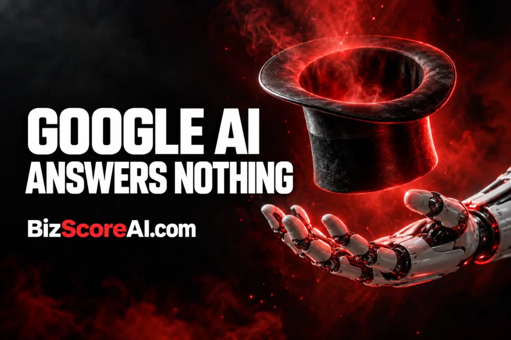 Robotic hand conjuring an empty top hat, illustrating Google AI Overviews guessing at typos