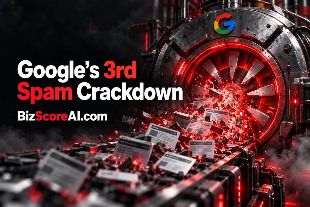 A glowing red industrial machine crushing spam web pages representing the Google August 2026