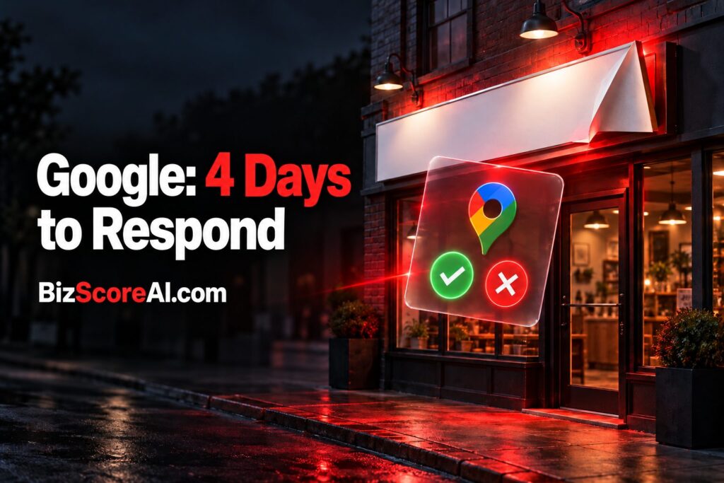 Google Business Profile email confirmation request shown on a storefront at night