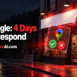 Google Business Profile email confirmation request shown on a storefront at night
