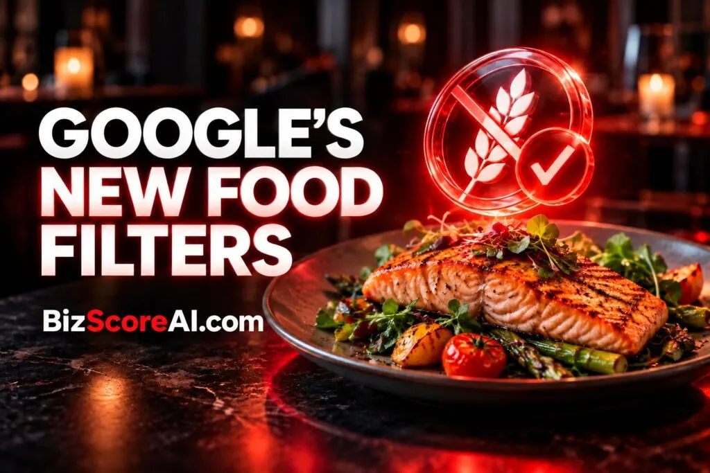 Google Business Profiles dietary filters beside a plated restaurant meal