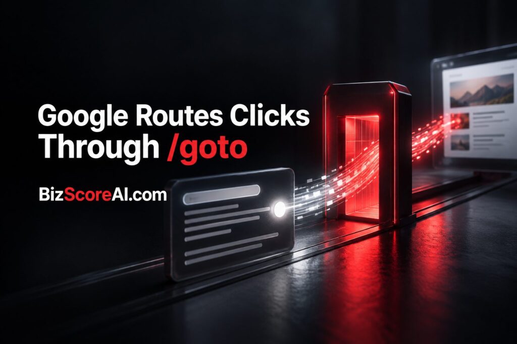 Redirected search clicks flowing through a glowing red gateway representing google.com/goto