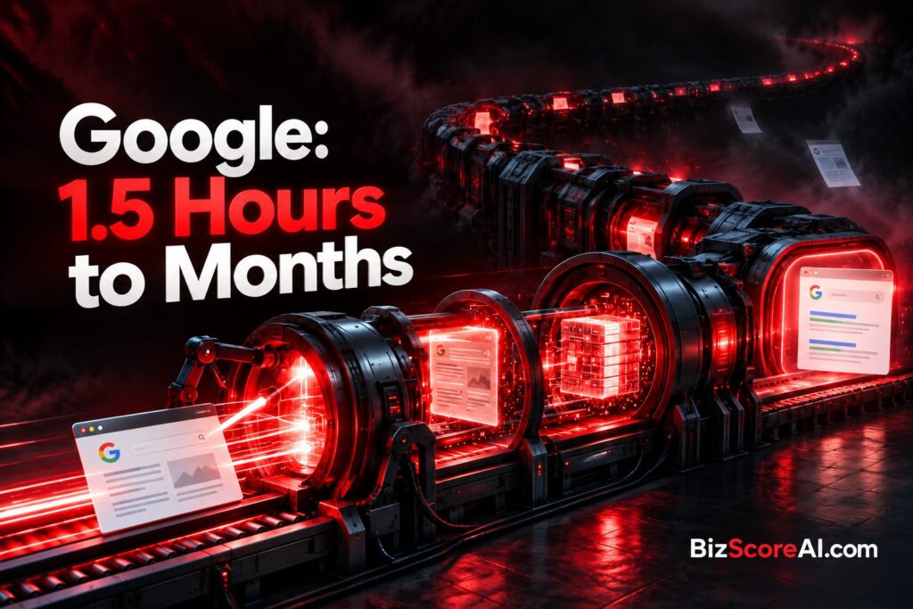 Google crawling indexing timelines depicted as glowing red machinery processing web pages