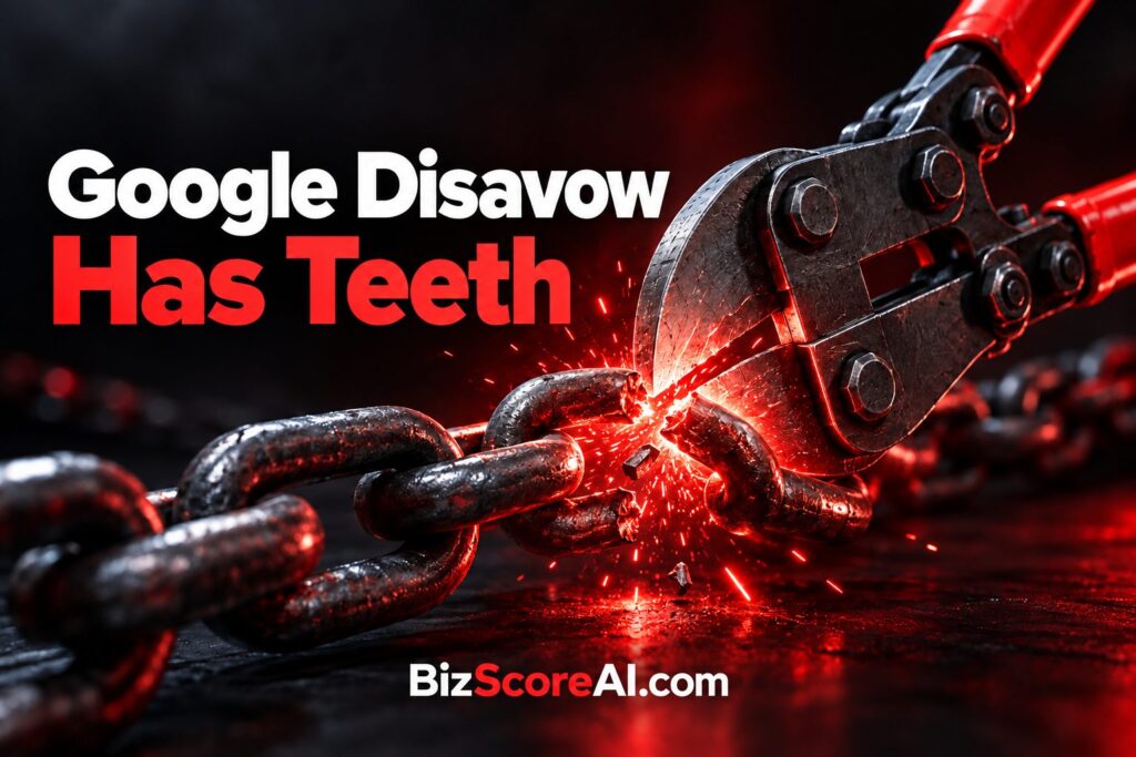 Bolt cutters snapping a chain link to symbolize the Google disavow tool in action