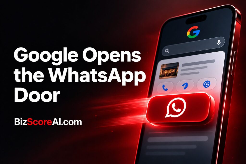 Smartphone displaying a Google local panel WhatsApp chat button glowing red