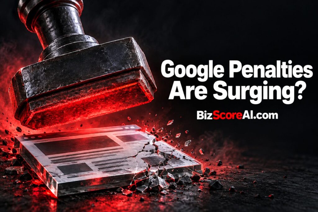 Red-hot gavel smashing a cracked webpage representing Google manual action penalties