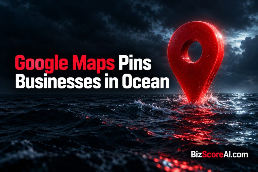 Red Google Maps pin splashing down into dark ocean waves at night