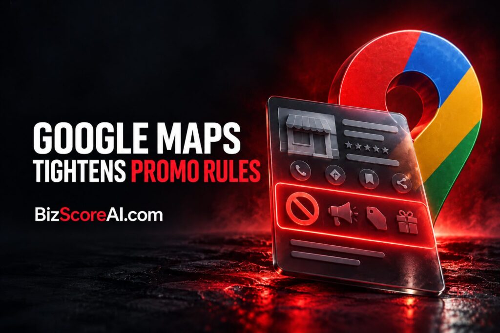 Google Maps policy updates banning promo icons on a glowing business listing card