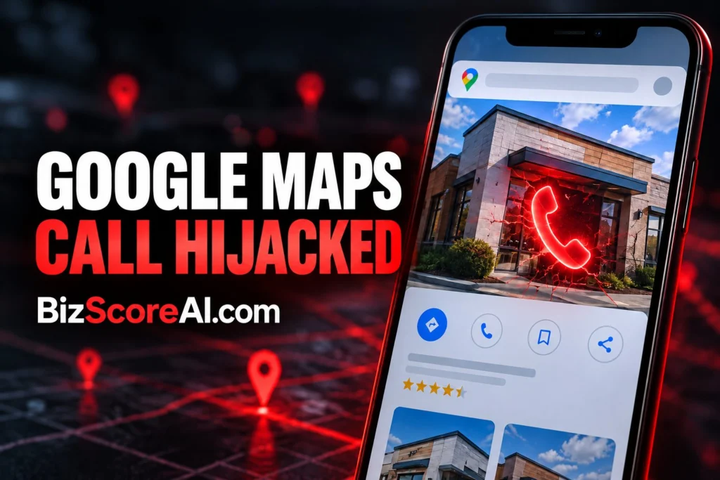 Google Maps scam hijacking a business profile shown on a smartphone