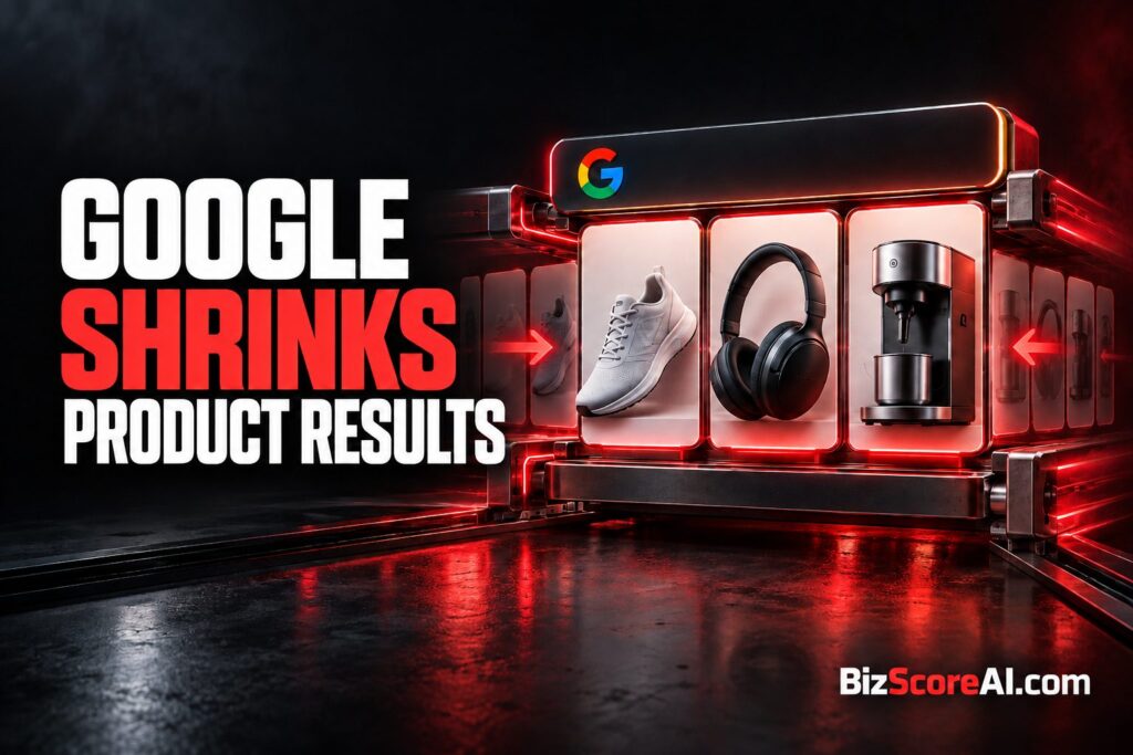 Google Search grid with three product cards being compressed inward