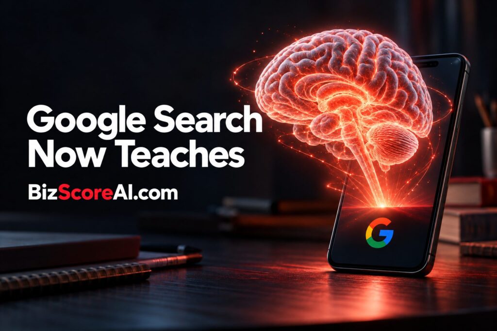 Glowing brain emerging from a smartphone highlighting Google Search learning features