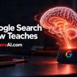 Glowing brain emerging from a smartphone highlighting Google Search learning features