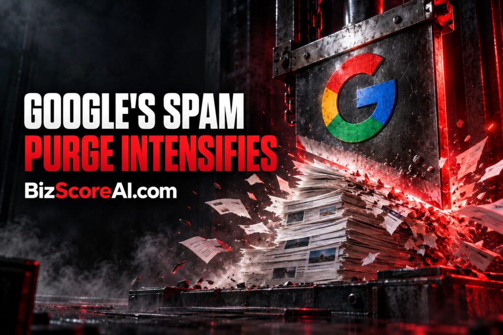 Google spam team crushes stacked web pages under a heavy industrial press