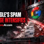 Google spam team crushes stacked web pages under a heavy industrial press