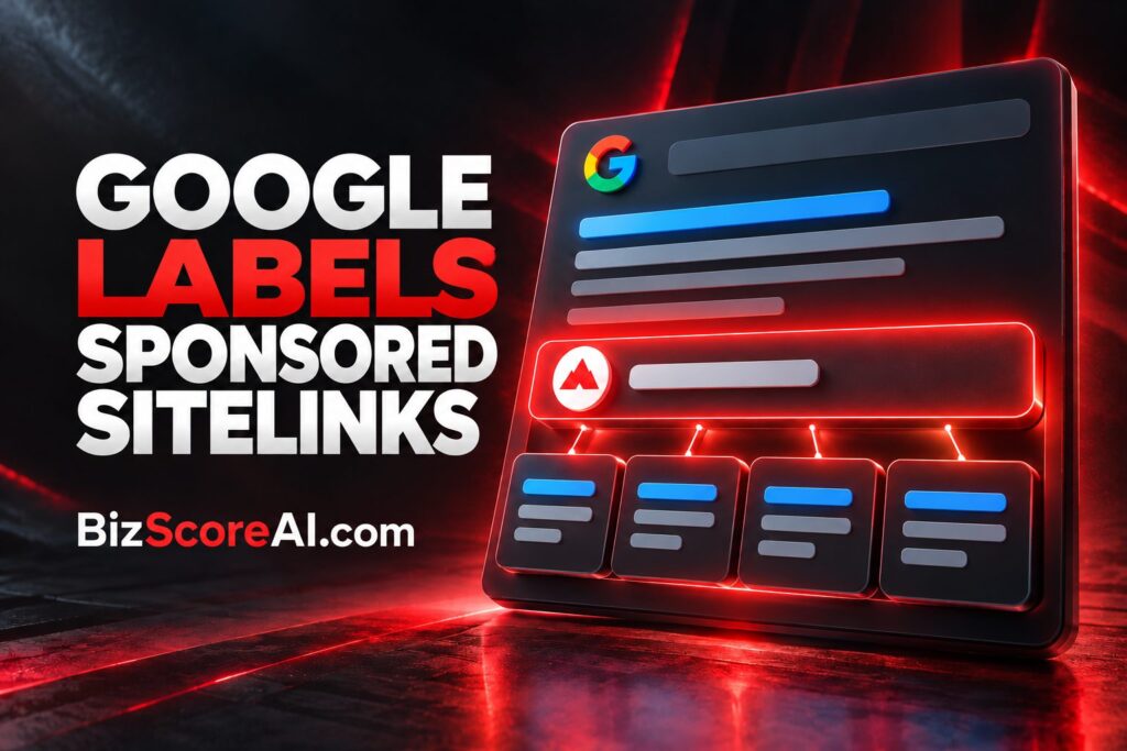 Google sponsored sitelinks displayed on a glowing red search results mockup
