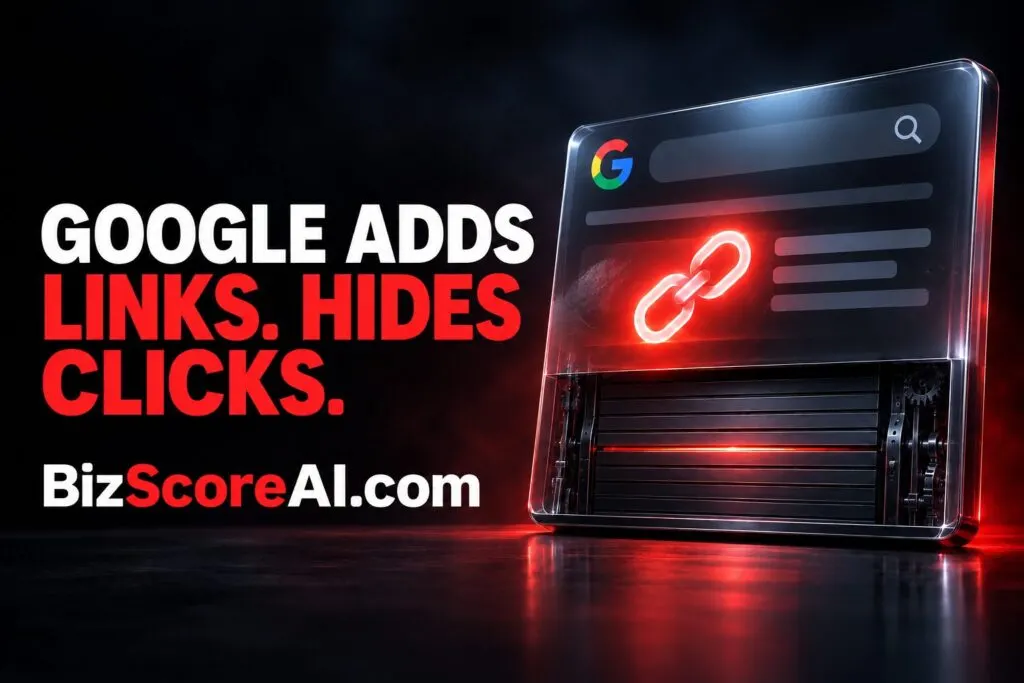 Google AI Mode Search results with a glowing link icon
